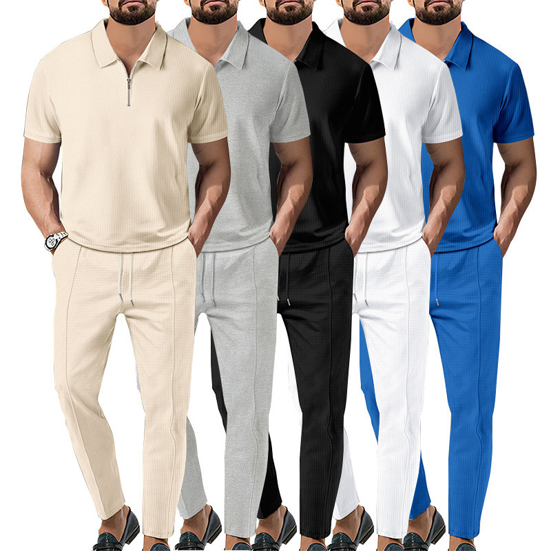 Ensemble d'été décontracté deux pièces pour hommes Col de couleur unie Pantalon à fermeture éclair à manches courtes Costume respirant